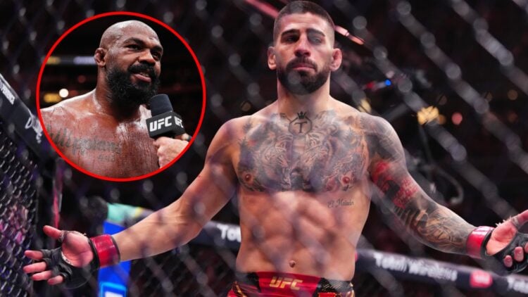 Main: Ilia Topuria reacts after knocking out Charles Oliveira at UFC 317 in Las Vegas. Inset: Jon Jones is interviewed in the cage after his win ov...