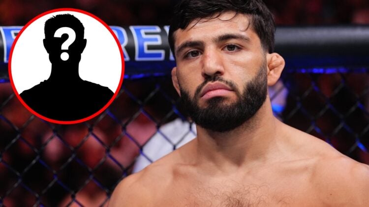 Arman Tsarukyan enters the Octagon for his UFC 300 fight with Charles Oliveira, inset mystery icon