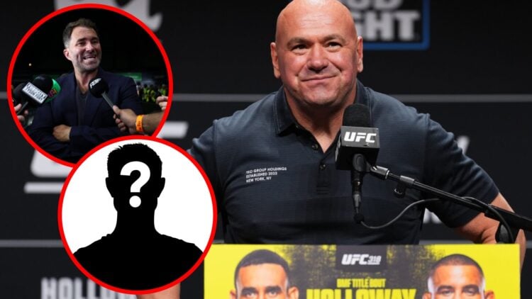 Dana White on stage at the UFC 318 press conference, inset Eddie Hearn speaks at the Anthony Joshua v Daniel Dubois announcement press conference, ...