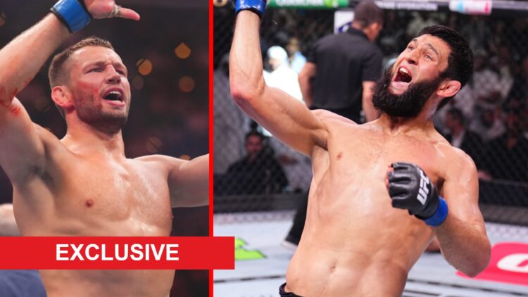 Reinier de Ridder celebrates after beating Kevin Holland at UFC 311, Khamzat Chimaev celebrates after beating Robert Whittaker at UFC 308, inset ex...