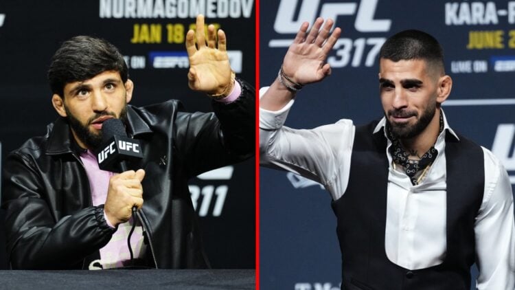 Split image of Arman Tsarukyan at UFC 311 press conference and Ilia Topuria at UFC 317 press conference