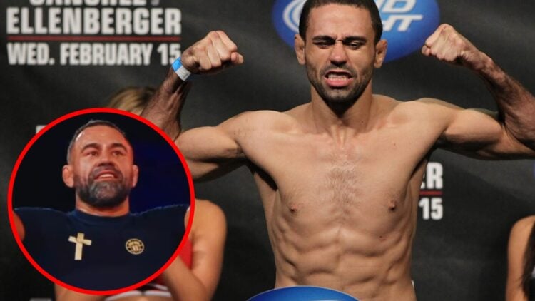 Vagner Rocha poses on the scales ahead of his UFC fight with Jonathan Brookins, inset Rocha celebrates after beating Kit Dale at WNO 29