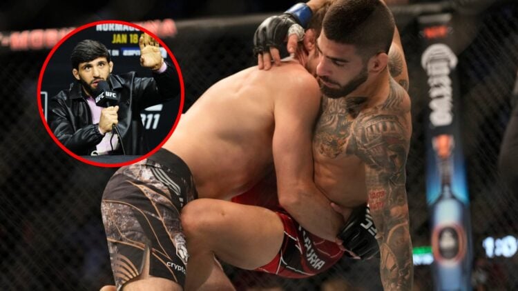 Main: Bryce Mitchell grapples with Ilia Topuria during their fight at UFC 282. Inset: Arman Tsarukyan speaks on stage at the UFC 311 press conference.