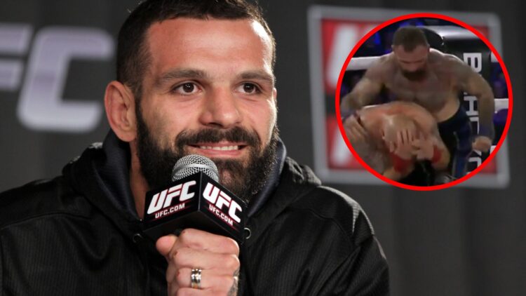 Alessio Sakara speaks at the UFC on Fuel TV pre-fight press conference, inset Sakara stops Erick Lozano at BKFC Fight Night Philly