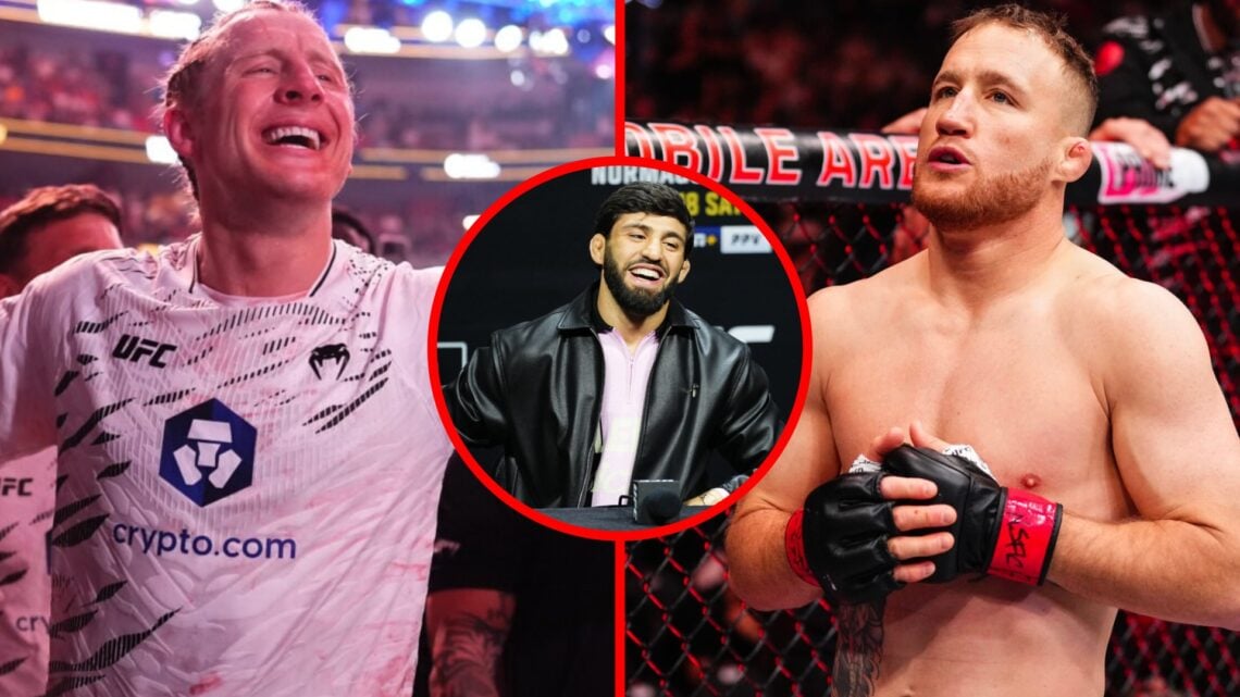 Paddy Pimblett celebrates after beating Michael Chandler at UFC 314, Justin Gaethje prepares to face Rafael Fiziev at UFC 313, inset Arman Tsarukya...