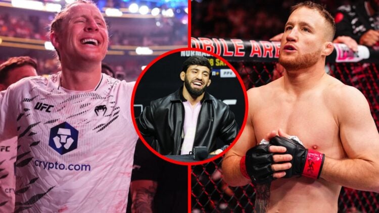 Paddy Pimblett celebrates after beating Michael Chandler at UFC 314, Justin Gaethje prepares to face Rafael Fiziev at UFC 313, inset Arman Tsarukya...