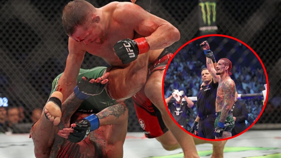 Main: Petr Yan punches Sean O'Malley on the ground during their fight at UFC 280. Inset: Sean O'Malley has his hand raised after beating Petr Yan i...