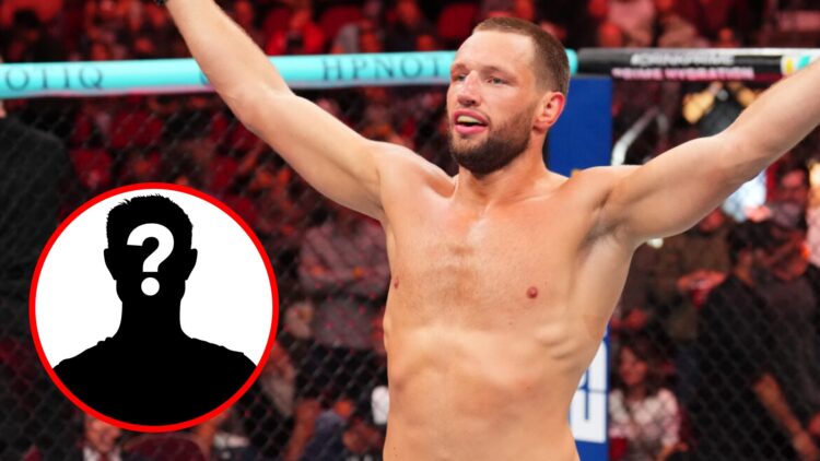 Reinier de Ridder celebrates after stopping Bo Nickal at UFC Des Moines, inset mystery icon