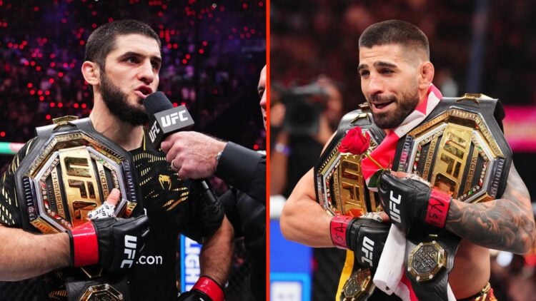 Islam Makhachev talks to Joe Rogan following his UFC 311 win split with Ilia Topuria celebrating with two belts after his win at UFC 317