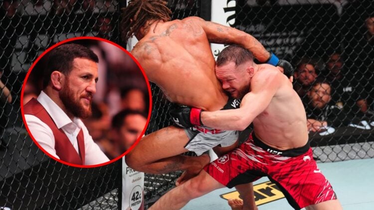 Main: Petr Yan attempts to take down Marcus McGhee during their fight at UFC Abu Dhabi. Inset: Merab Dvalishvili in attendance to watch Ilia Topuri...