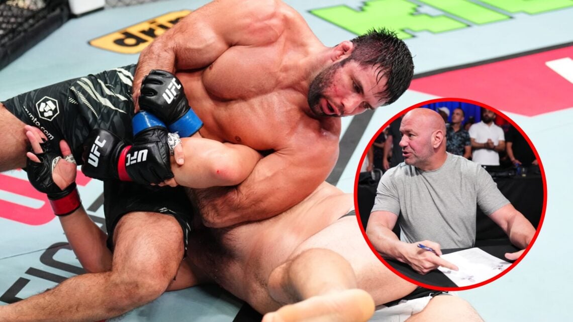 Main: Marcus 'Buchecha' Almeida grapples with Martin Buday during their fight at UFC Abu Dhabi. Inset: Dana White reacts to a fight on Dana White's...