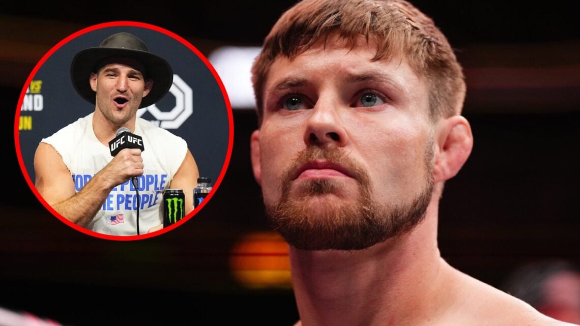 Bryce Mitchell prepares to fight Jean Silva at UFC 314, inset of Sean Strickland speaking at the UFC 293 press conference