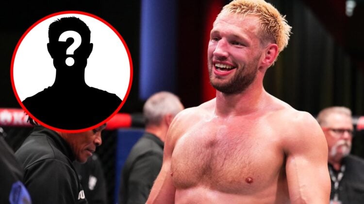 Reinier de Ridder reacts after submitting Gerald Meerschaert at the UFC Apex, inset mystery icon