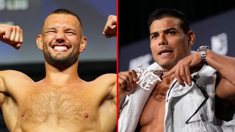 Left: Reinier de Ridder on stage at the UFC Abu Dhabi Ceremonial Weigh-ins. Right: Paulo Costa poses with a large chain around his neck at the UFC ...
