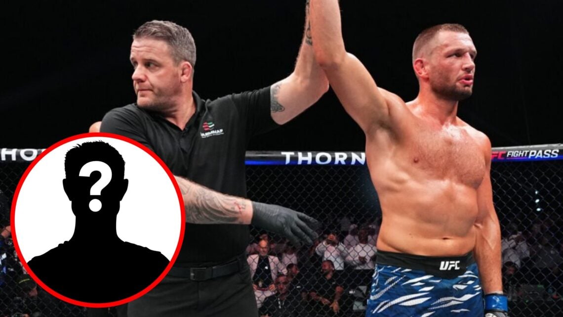 Reinier de Ridder gets his hand raised after beating Robert Whittaker at UFC Abu Dhabi, inset mystery icon
