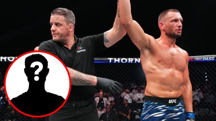 Reinier de Ridder gets his hand raised after beating Robert Whittaker at UFC Abu Dhabi, inset mystery icon