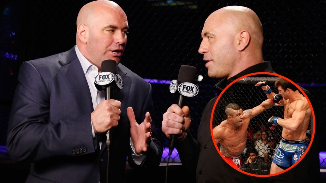 Dana White talks to Joe Rogan during the UFC 181 broadcast with an inset of Vitor Belfort landing a punch on Luke Rockhold during UFC fight