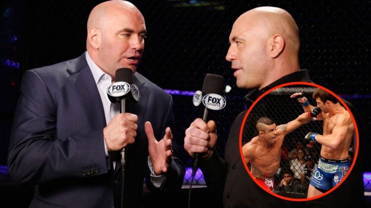 Dana White talks to Joe Rogan during the UFC 181 broadcast with an inset of Vitor Belfort landing a punch on Luke Rockhold during UFC fight