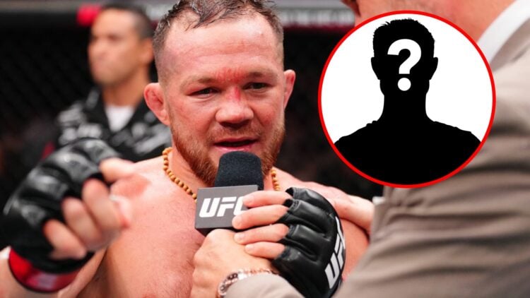 Main: Petr Yan is interviewed in the Octagon after his win over Marcus McGhee at UFC Abu Dhabi. Inset: Mystery fighter.