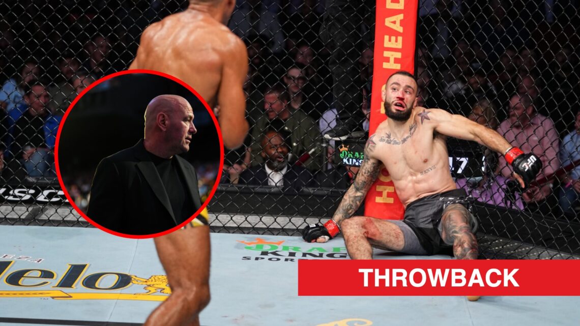 Main: Shane Burgos collapses after a delayed knockout in his fight against Edson Barboza at UFC 262. Inset: Dana White in attendance at the Noche U...