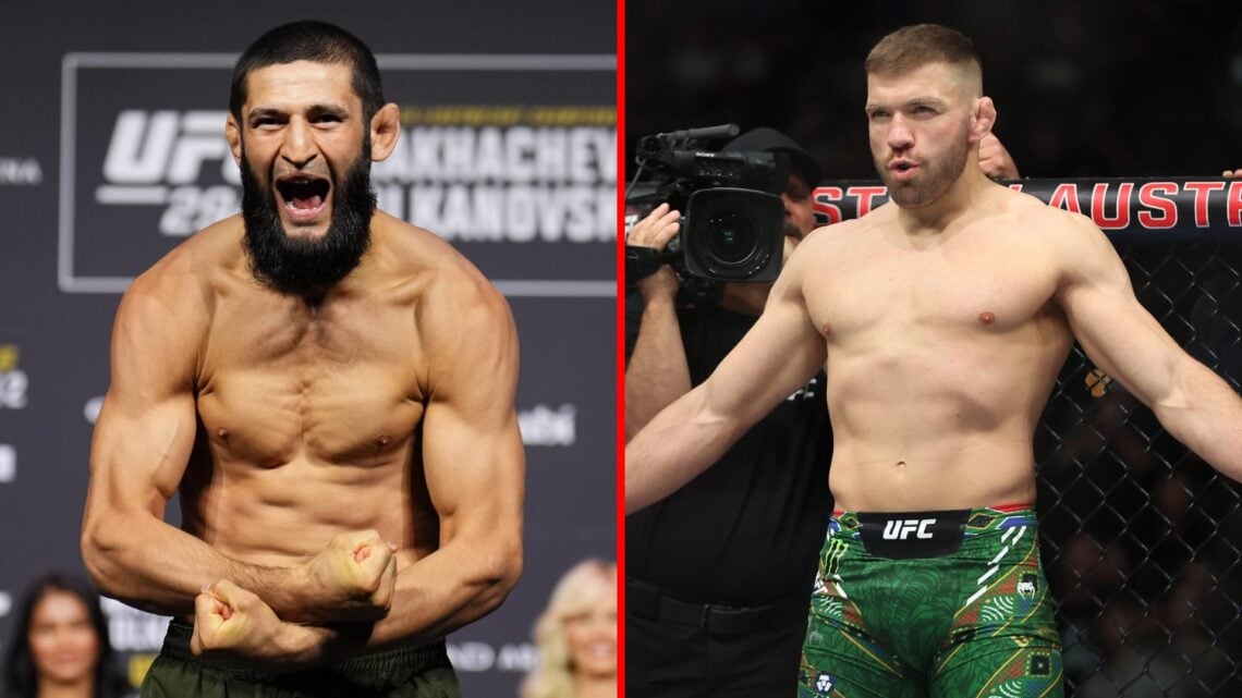 Split image of Khamzat Chimaev at UFC 294 weigh-ins, Dricus du Plessis in the Octagon for UFC title fight
