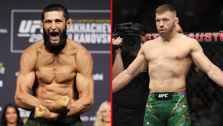 Split image of Khamzat Chimaev at UFC 294 weigh-ins, Dricus du Plessis in the Octagon for UFC title fight
