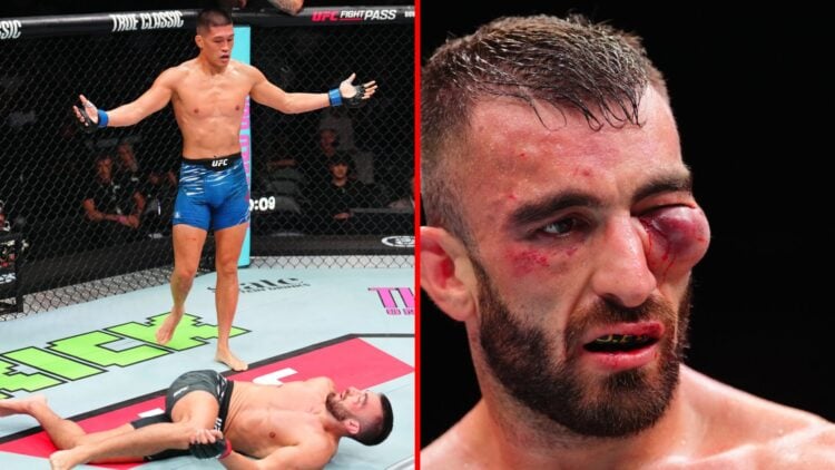 Split image of Steven Nguyen standing over Mohammad Yahya, Mohammad Yahya sporting eye injury at UFC Abu Dhabi
