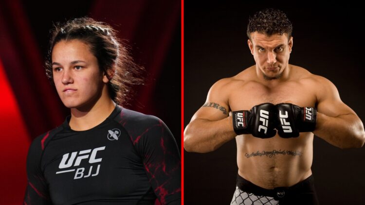 Split image of Bella Mir at UFC BJJ, former UFC heavyweight champion Frank Mir posing for a portrait