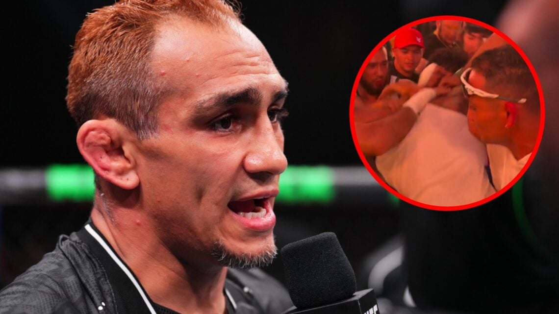 Tony Ferguson speaks after his loss to Michael Chiesa at UFC Abu Dhabi, inset Ferguson helps to break up a brawl on Hype FC
