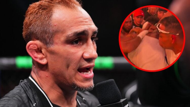 Tony Ferguson speaks after his loss to Michael Chiesa at UFC Abu Dhabi, inset Ferguson helps to break up a brawl on Hype FC
