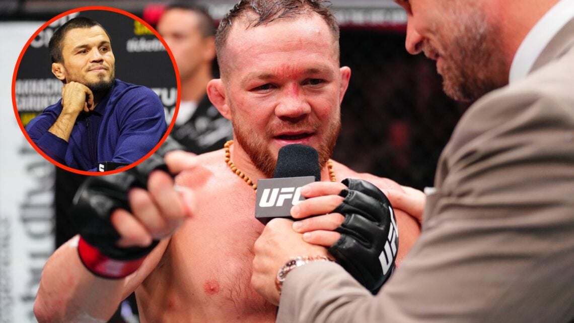 Petr Yan talks to Michael Bisping following his UFC Abu Dhabi win with an inset of Umar Nurmagomedov at the UFC 311 press conference