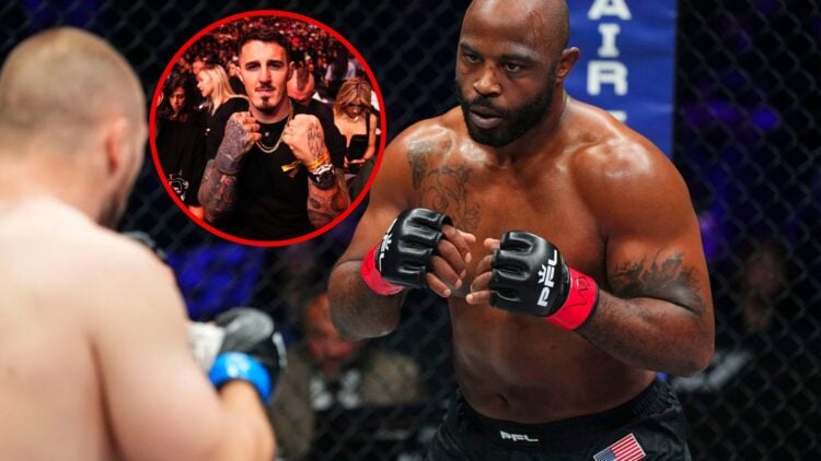 Main photo shows Tyrell Fortune during a PFL fight. Bubble shows Tom Aspinall posing in the crowd at a fight