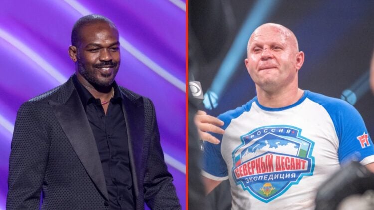 Jon Jones on stage at the 2025 ESPYS split with Fedor Emelianenko following his Bellator 290 win