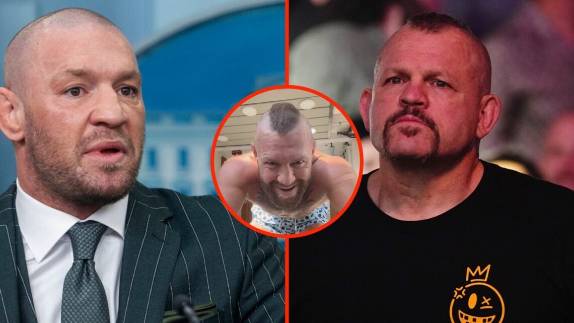Conor McGregor talks at the White House split with Chuck Liddell in attendance at UFC 300 with an inset of Conor McGregor's new haircut