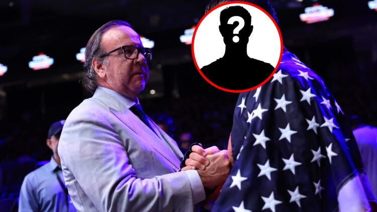 Main: Donn Davis shakes a fighter's hand at the 2025 PFL World Tournament: Semifinal. Inset: Mystery fighter.