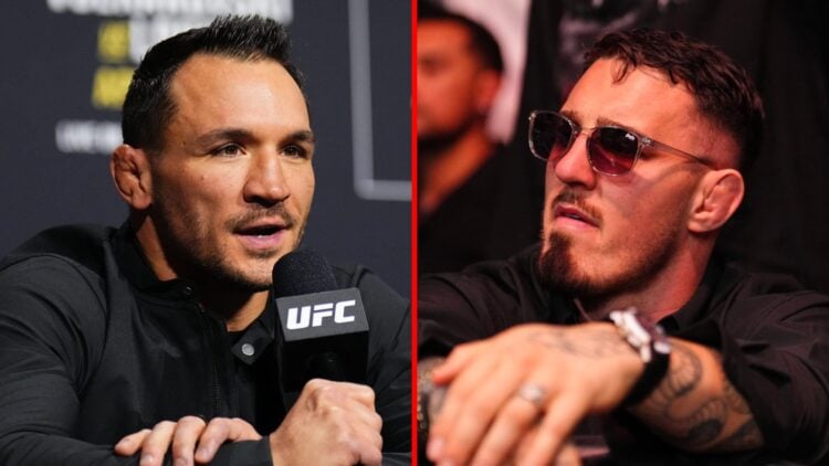 Left: Michael Chandler speaks on stage at the UFC 314 press conference. Right: Tom Aspinall attends UFC 317 in Las Vegas.