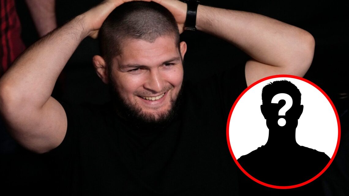 Khabib Nurmagomedov smiles while being in attendance at the UFC Apex in 2022, inset mystery icon