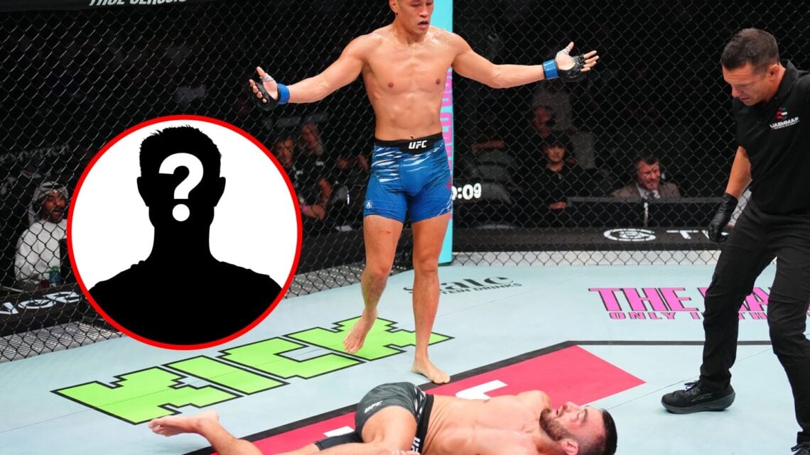 Main: Steven Nguyen looks at Jason Herzog after dropping Mohammad Yahya during UFC Abu Dhabi Fight. Inset: Mystery fighter.