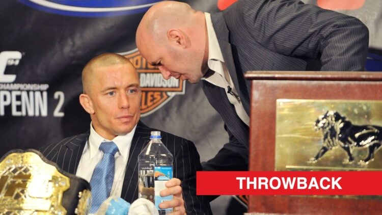 Dana White speaks to Georges St-Pierre on stage at the UFC 94 press conference
