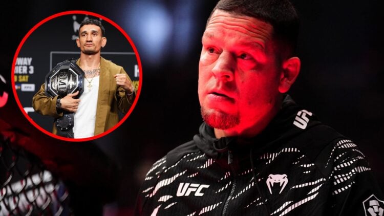 Nate Diaz looks on while cornering Kron Gracie at UFC 310, inset Max Holloway poses on stage at the UFC 318 press conference