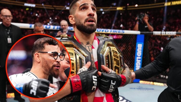 Ilia Topuria holds up two UFC belts following UFC 317 win with an inset of Mauricio Ruffy talking to Joe Rogan following UFC 313 win