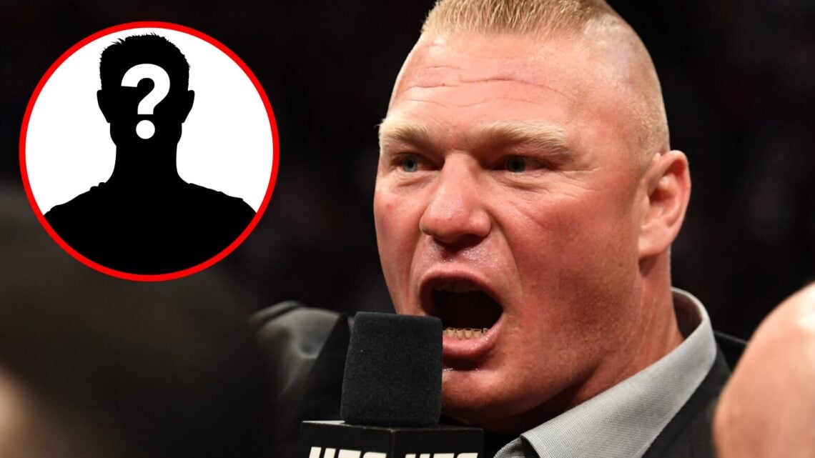 Brock Lesnar speaks into a UFC mic during UFC 226, inset mystery icon