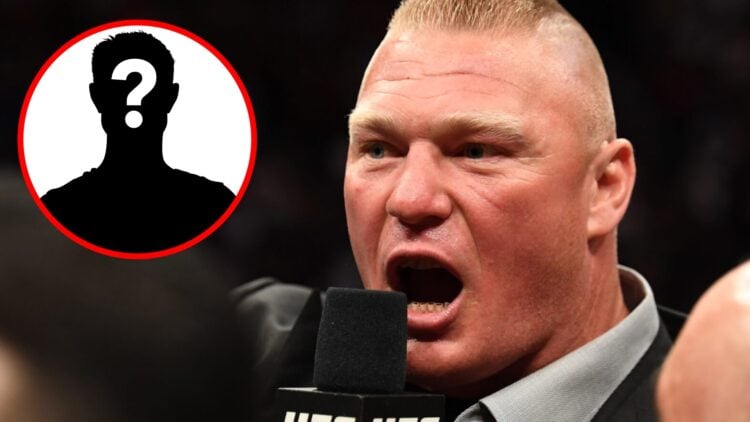 Brock Lesnar speaks into a UFC mic during UFC 226, inset mystery icon