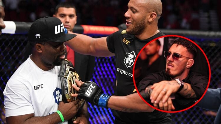 Main: Ciryl Gane puts his interim UFC heavyweight title on coach Fernand Lopez at UFC 265. Inset: Tom Aspinall looks on as he attends UFC 317 in La...