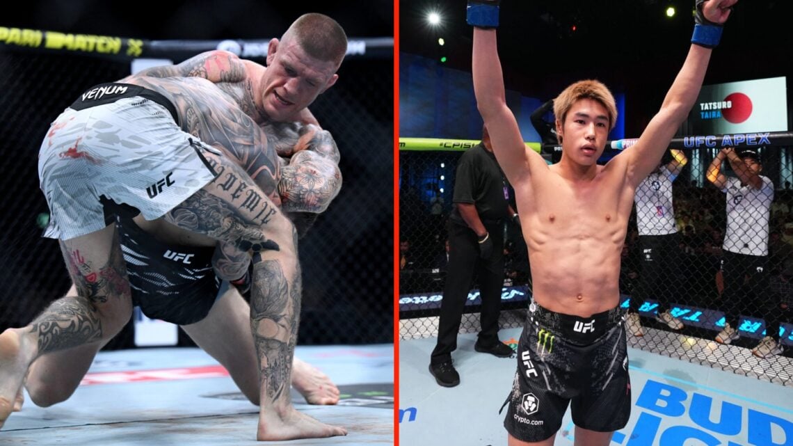 Chris Duncan grapples with Jordan Vucenic and Tatsuro Taira lifts his arms in the air before his fight with Brandon Royval