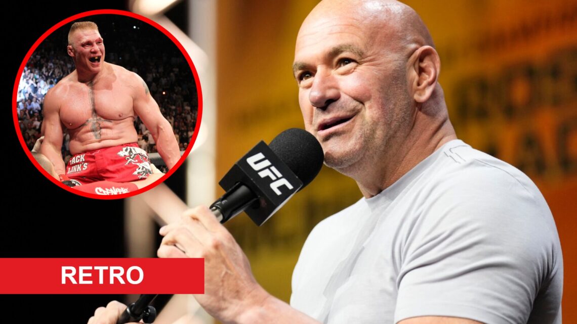 Dana White speaks at the UFC 304 press conference, inset Brock Lesnar celebrates his UFC 116 win over Shane Carwin