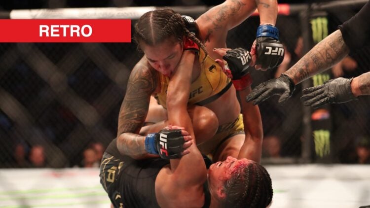Amanda Nunes punches Julianna Pena on the ground during their title fight at UFC 277