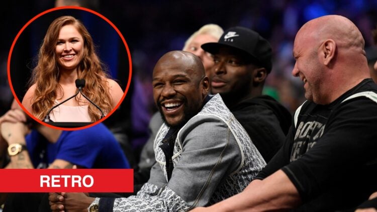 Floyd Mayweather and Dana White laughing together at an NBA game with an inset of Ronda Rousey talking at her UFC Hall of Fame induction ceremony
