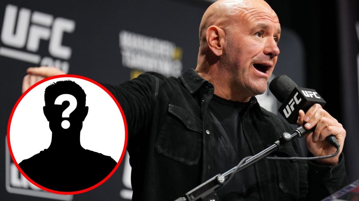 Dana White speaks on stage at the UFC 311 press conference, inset mystery icon