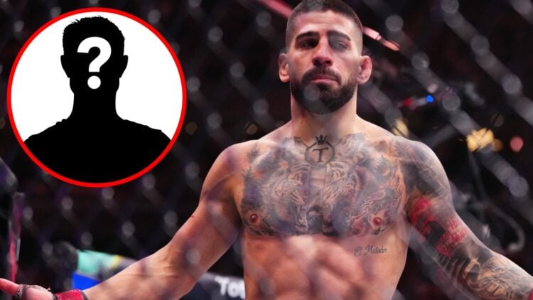 Ilia Topuria celebrates after beating Charles Oliveira at UFC 317, inset mystery icon